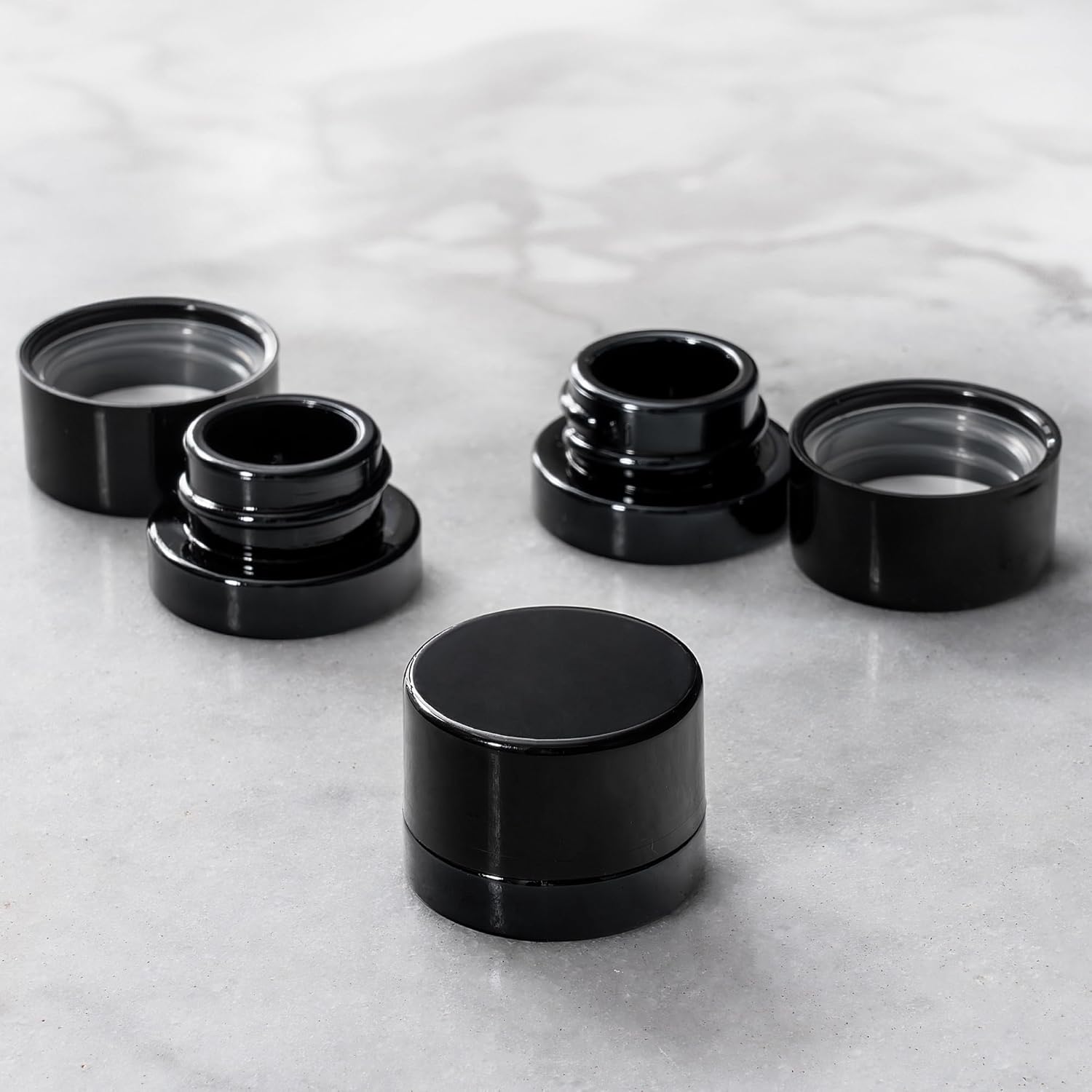 (200 Pack) 5ml Thick Black Glass Jars with Black Child Resistant Lids - UV Resistant - Storage for Oil, Lip Balm, Wax, Cosmetics - Mini Child Proof Container