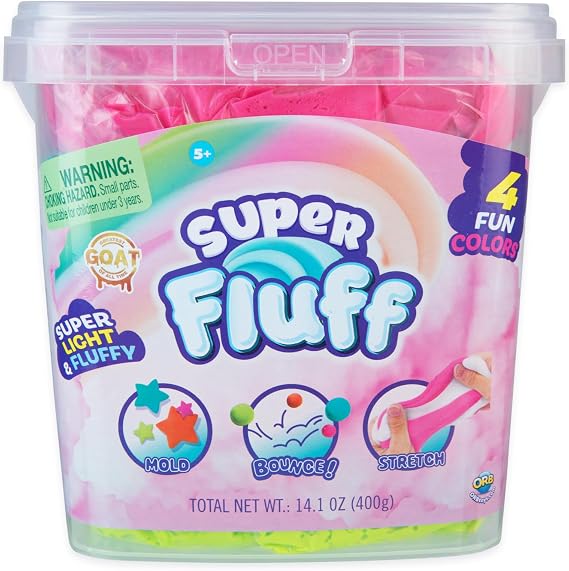 ORB Super Fluff Slimi 4 Pack Bucket Color Set 2 - Pink, Turquoise, Orange, Lime-Green - Fun, Fluffy Sensory Slime to Mold, Bounce, Stretch - Perfect for Play, Stress Relief, Gifts for Kids and Adults