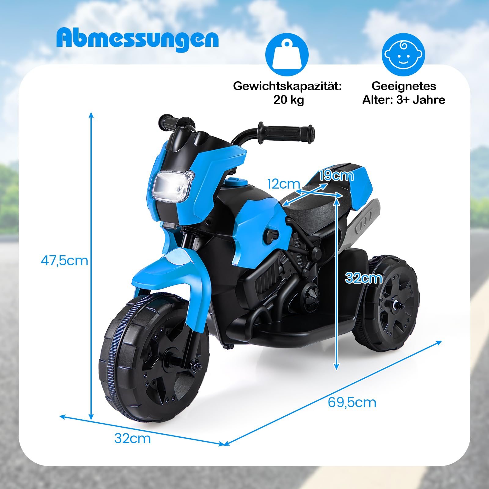 DREAMADE 6V Kinder Motorrad, Elektromotorrad mit 3 stabilen Rädern & LED-Scheinwerfer & Fußpedal, Elektrisches Motorrad für Kinder ab 3 Jahren (Blau)