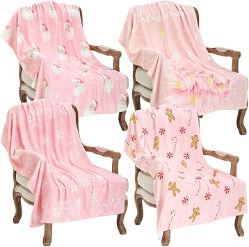 Remagr 4 Pack Christmas Throw Blanket Set Bulk Pink Christmas Tree Santa Gingerbread Man Snowflakes Fuzzy Flannel Blankets Soft Cozy Xmas Gifts Winter Home Decor for Couch Sofa Chair Bed 40x50 Inch