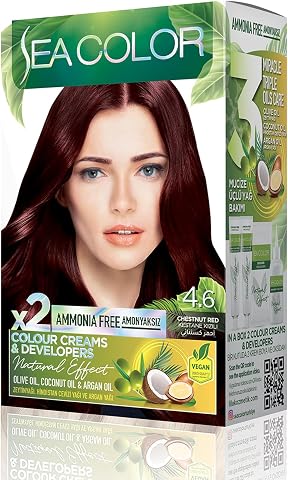 SEA COLOR Amonyaksız, Vegan, Doğal, Besleyici Kalıcı Saç Boyası%100 Beyaz Kapama (1 PAKET 2 x 50 ml Boya & OKSİDAN) (Kestane Kızılı 4.6)