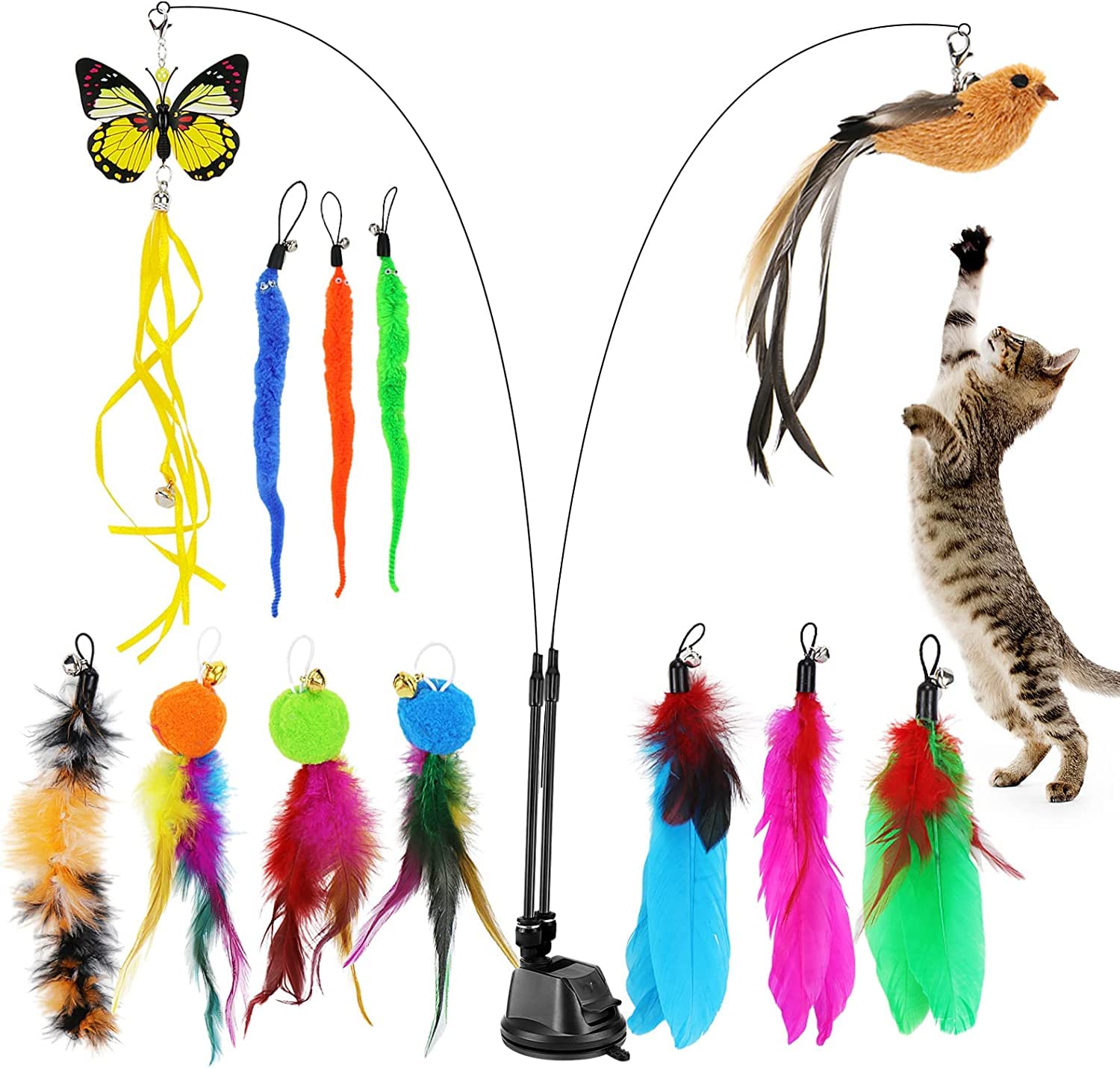 Hysagtek Cat Feather Toys, 15Pcs Interactive Kitten Toys Kits, Bird Feather Butterfly Worm Pet Teaser Wand for Indoor Cats, 12 Refills and 2 Retractable Cat Teaser Wand with 1 Super Suction Cup