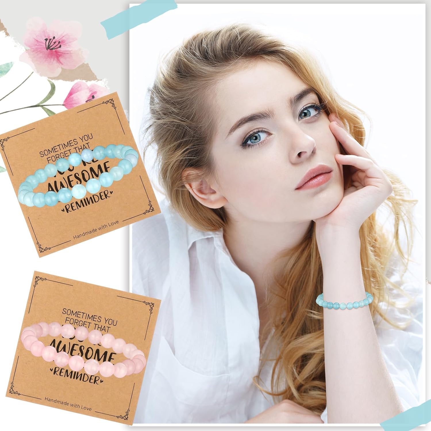 12 Pcs Inspirational Friendship Bracelets Gifts for Women Sometimes You Forget You're Awesome Bead Adjustable Crystal Natural Stone Bracelets with Card for Valentines Day Galentines Day Birthday Gifts - Image 3