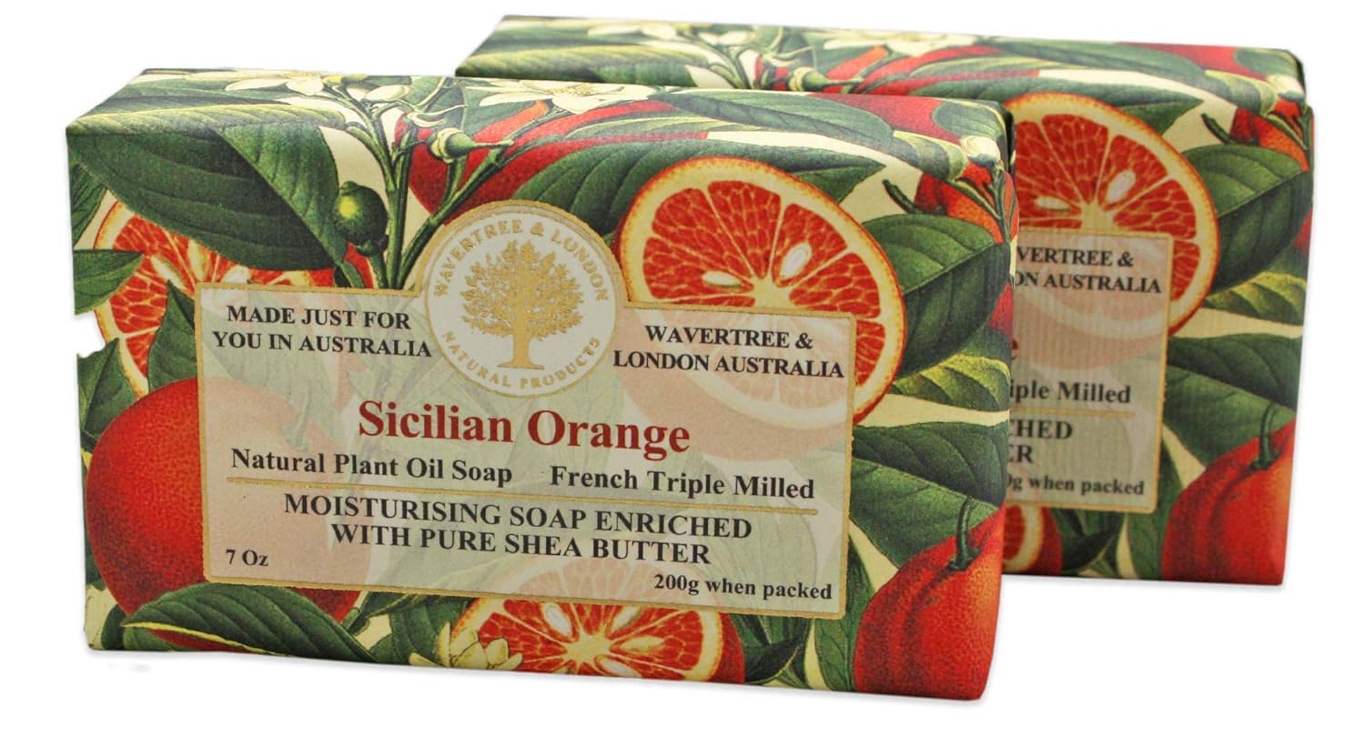Sicilian Orange Scented Natural Soap (2 Bars), 7oz Moisturizing French Triple Milled Soap Bars enriched with shea butter - Pure Plant Based Bath & Body Bars for All Skin Types