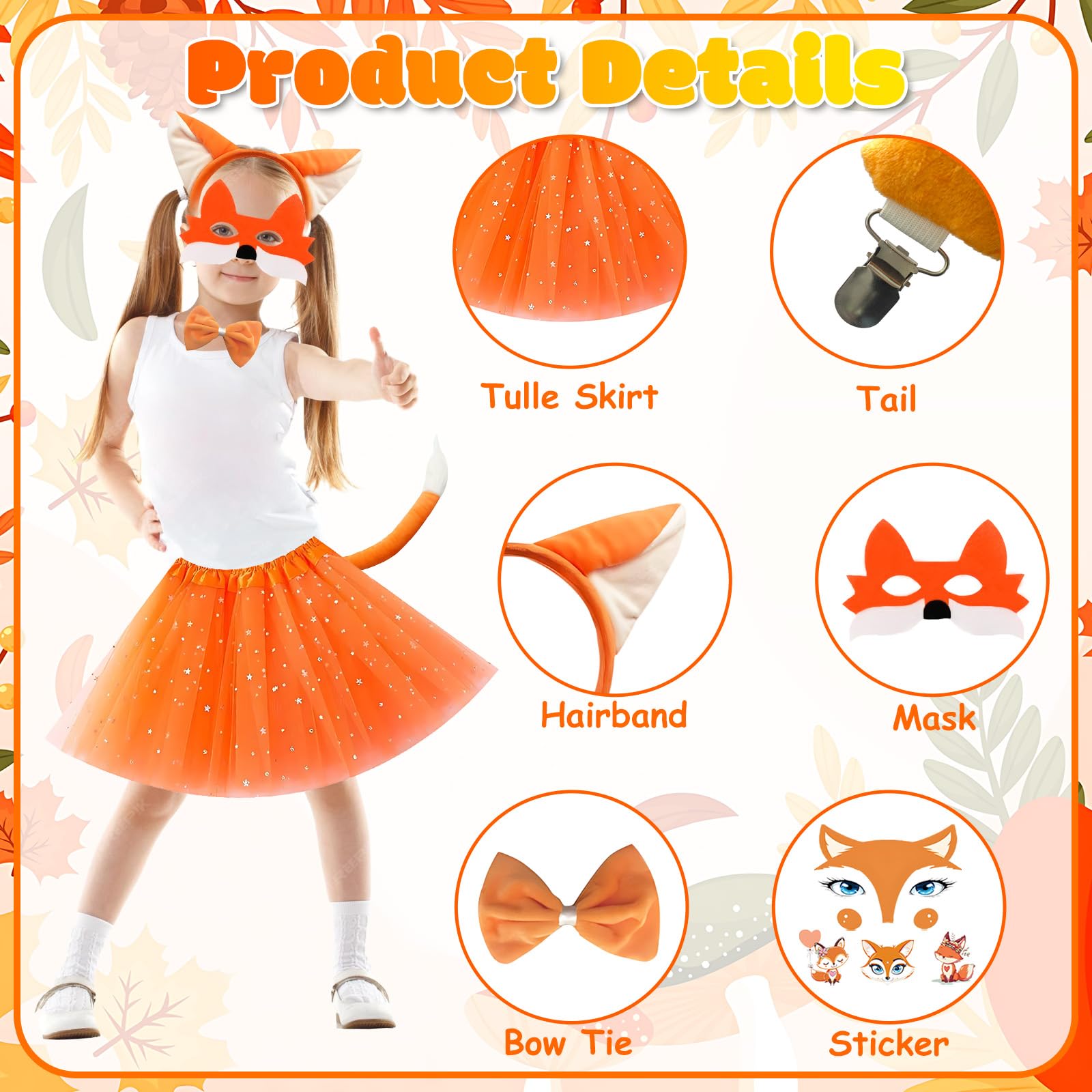 WanderGo Fox Costume Dress Up Set, 6Pcs Fox Ears and Tail Mask Bow Tie Stickers Orange Tutu Skirt Kids Animal Fancy Dress Outfit Halloween Cosplay Party Accessories - Image 3