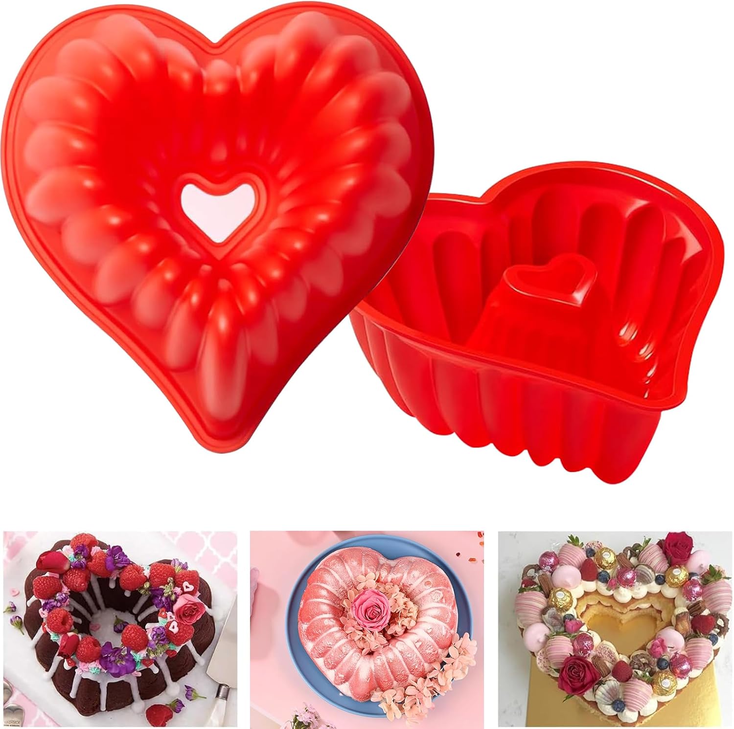 2 Pack Heart Silicone Cake Molds for Baking ,Nonstick Silicone Red Heart Shaped Fluted Cake Pan for Cheesecake Chocolate Cake Baking Kitchen Accessories for Wedding Party