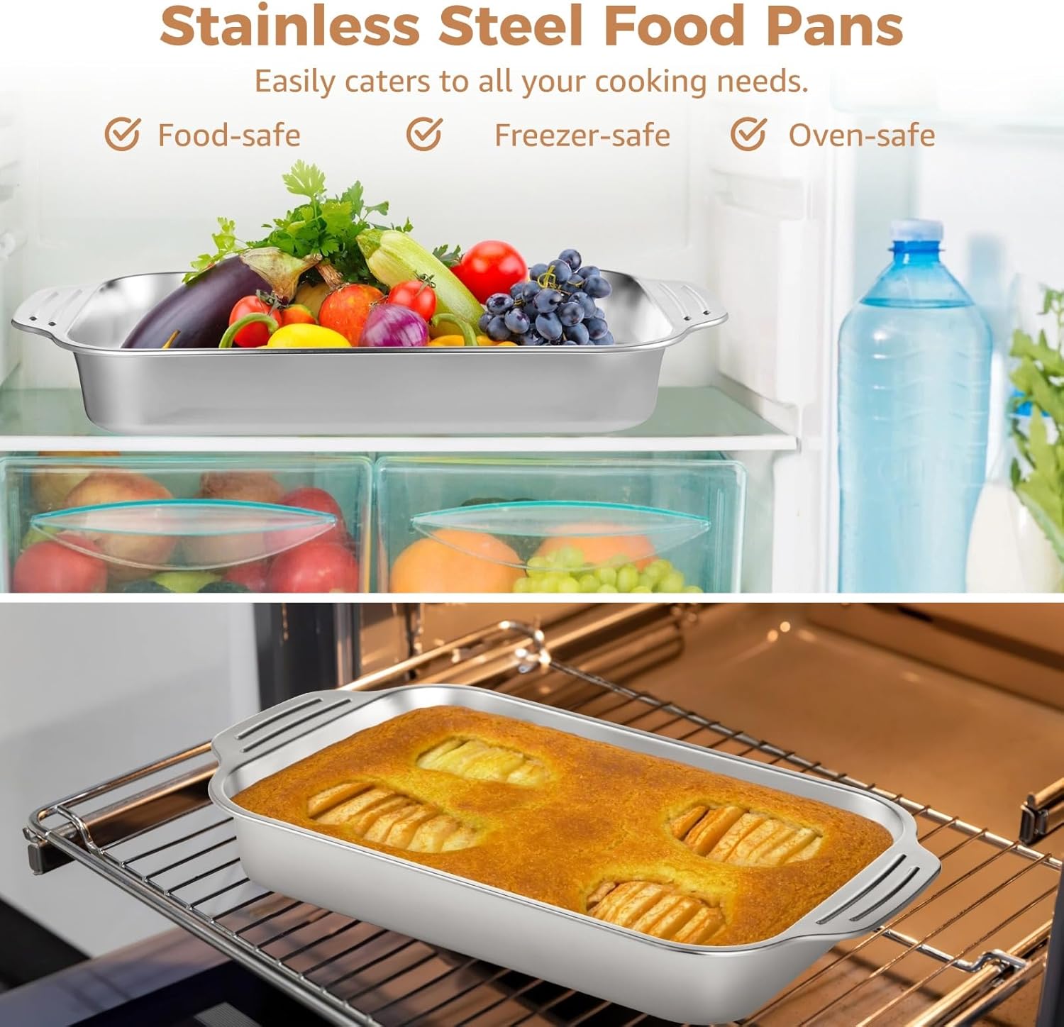 2 Pcs Stainless Steel Cake Pans, 9x13 Rectangular Baking Pans with Silicone Brush & Spatula, Cake Baking Trays with Double Handle, Rectangle Baking Bakeware for Breads, Meats (Without lid) - Image 2