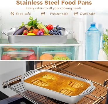 2 Pcs Stainless Steel Cake Pans, 9x13 Rectangular Baking Pans with Silicone Brush & Spatula, Cake Baking Trays with Double Handle, Rectangle Baking Bakeware for Breads, Meats