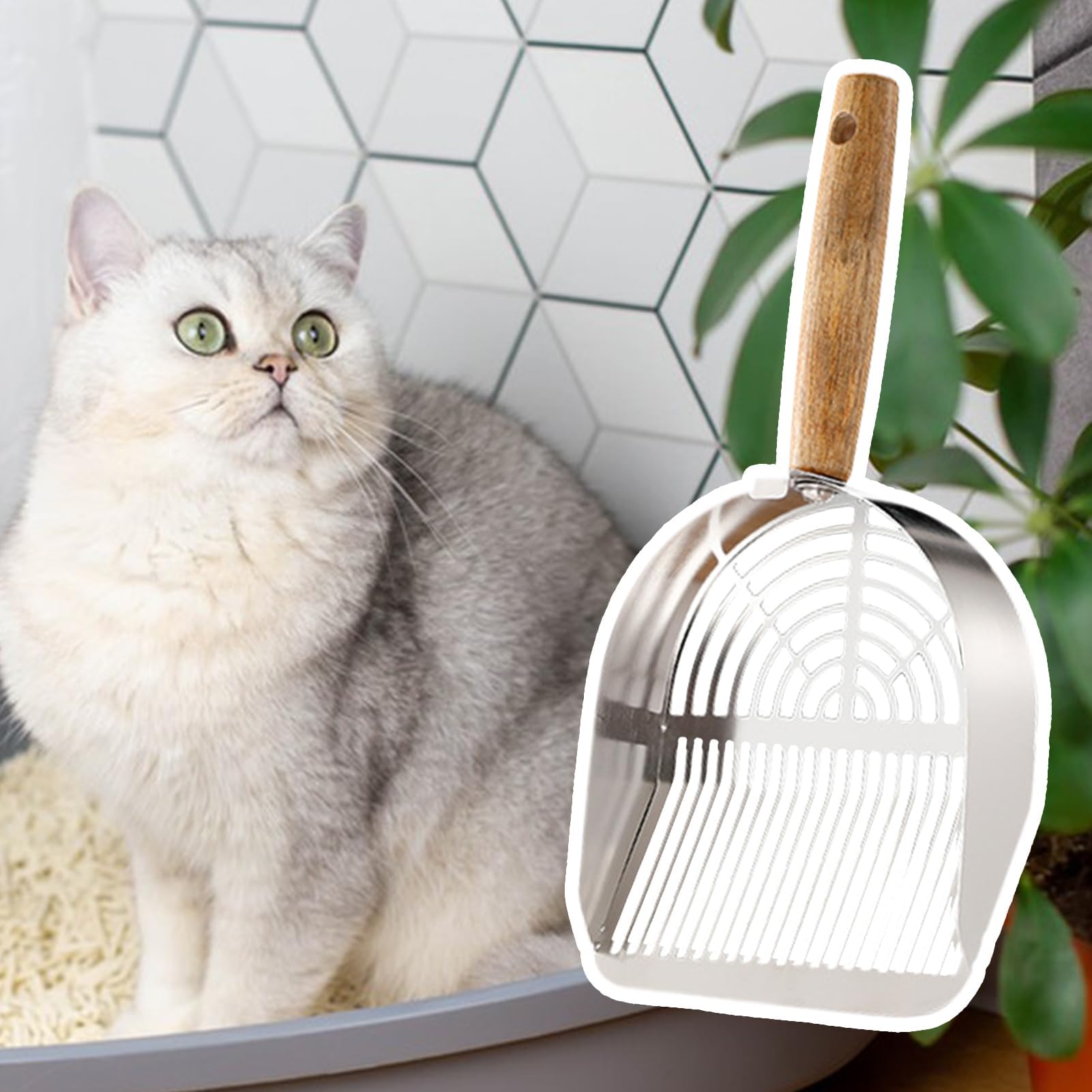 Paletta per lettiera, Acciaio Inossidabile antiruggine, Filtro Portatile con Manico Lungo ergonomico, Accessori for Animali Domestici(Stainless Steel Style)