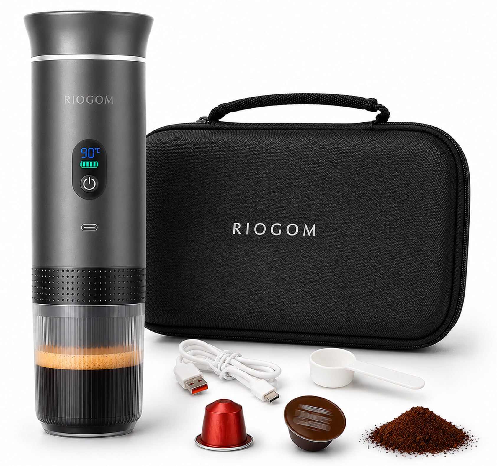 Cafetera Portátil de Capsulas 3 en 1 Outin 20v Usb-C + Estuche rígido, Compacta, Ligera Y Recargable, Ideal para Tomar Cafe Caliente en Camping, Coche, camion Oficina (Gris)