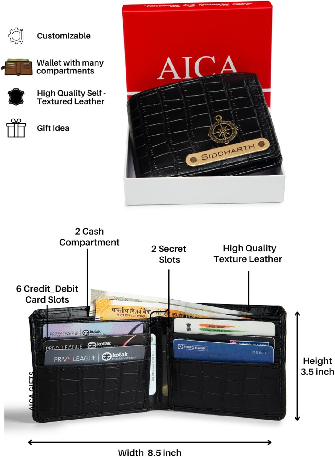 Personalized Name & Charm Mens (Wallet, Passport Cover, BagTag & Eyewear Cover) Giftset| Birthday Anniversary Wedding Gifts for Men | Rakhi Rakshabandhan Gifts for Brother, Black, 4.5 X 3.5 X