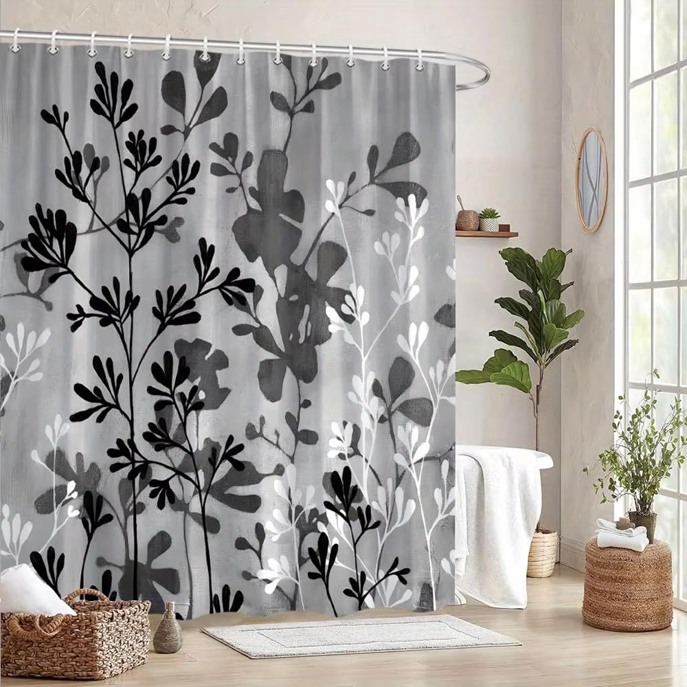 Schwarz-weißer Duschvorhang mit abstraktem Blattmotiv, wasserdicht, Polyestergewebe, waschbar, mit Haken, Dekoration (75 x 192 cm/B x H)