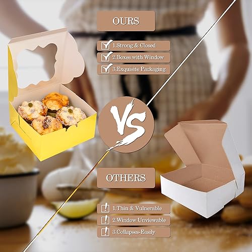 Miniatura 6 de KPOSIYA 65 cajas de panadería con ventana de 6 x 6 x 3 pulgadas, cajas de galletas de 5 estilos, cajas pequeñas de pastelería para dulces, postres,