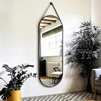 OGCAU 48" x 16" Full Length Mirror Wall Mounted Hanging Mirror, Oval Black | Aluminum Alloy Frame, Oval, Hanging Leather Strap, Wall Mounted, for Bedroom, Bathroom, Living Room, Entryway, Cloakroom