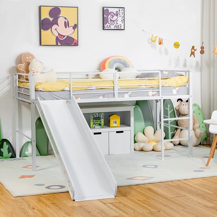 Buy COSTWAY Kids Mid Sleeper Bed, Children Loft Beds with Slide, Stairs