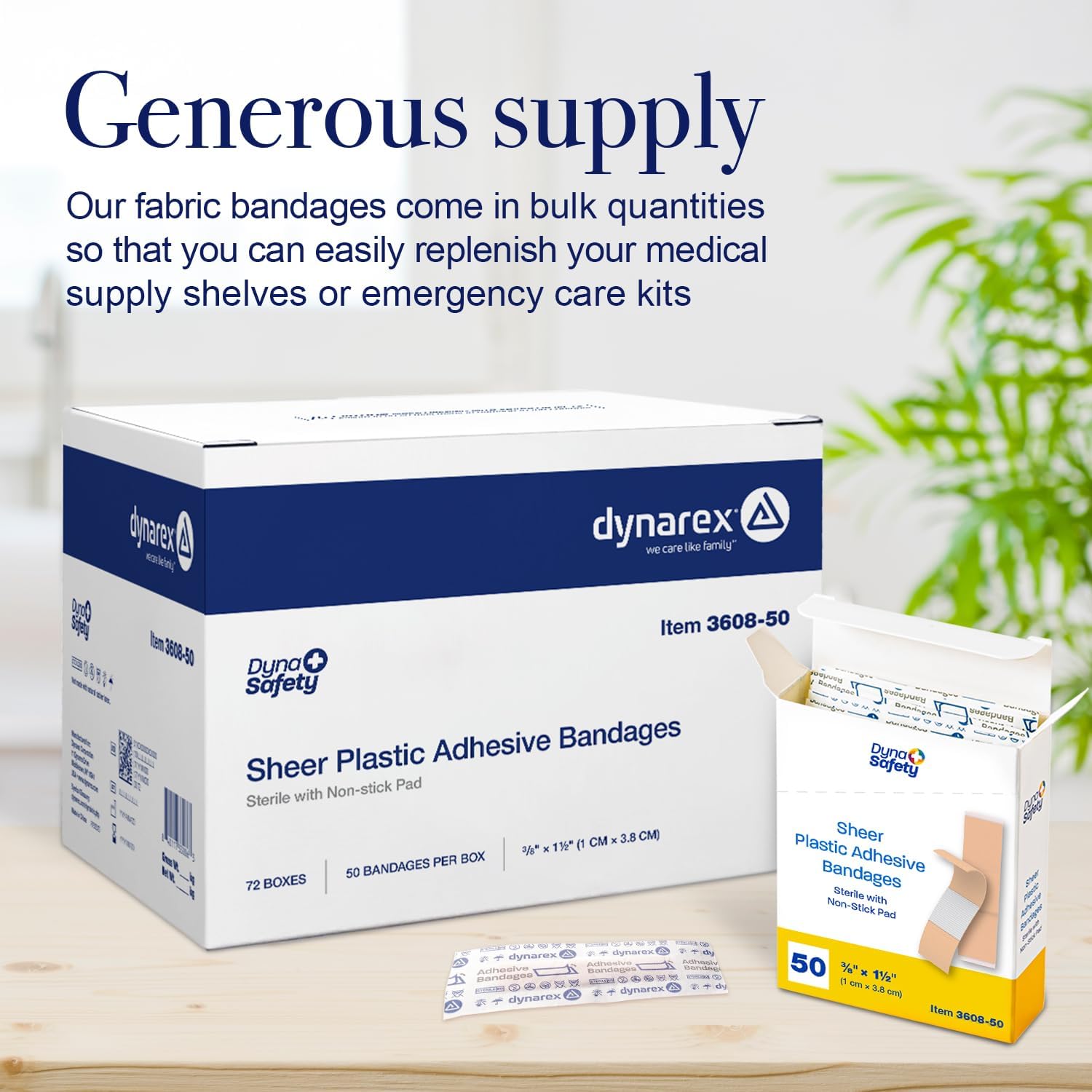 Dynarex Sheer Plastic Adhesive Bandages Water-Resistant and Sterile Non-Stick Pad First Aid Covers Minor Cuts Scratches - 3/8" x 1 1/2" Junior, Case of 72 Boxes, 50 per Box