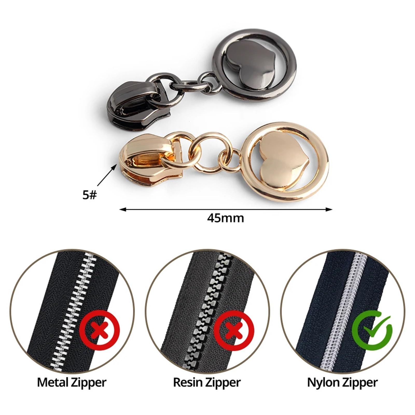 10-100 Stück 5# Nylon-Reißverschlussschieber for Taschen, Herz-Reißverschlusszüge, Taschen-Reißverschluss-Reparatur-Sets, DIY-Ersatz, Nähen für Jacken Nähen Mäntel(Silver,50pcs)