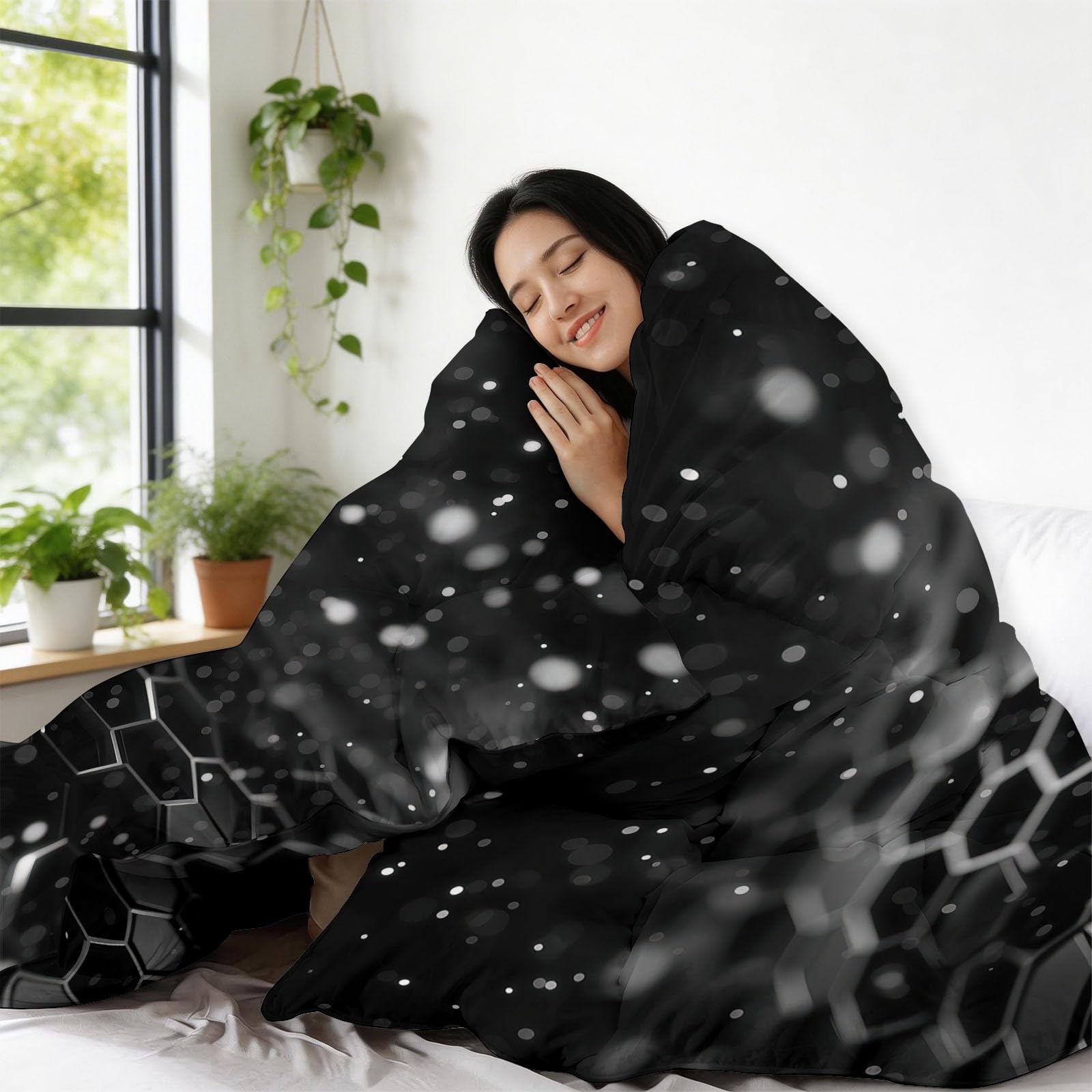 Piumino 4 Stagioni 150x200 cm Forme geometriche nere esagoni Trapunta Copriletto Imbottito Leggero in Microfibra Soffice, Trapuntino Stampa Reversibile Estate e Inverno