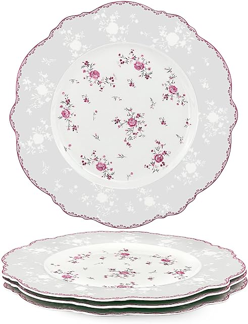 fanquare 27.5cm Porcelain White Dinner Plates Set of 4, Pink Rose Floral Dinner Set, Royal Vintage Tableware for Christmas Party, Wedding