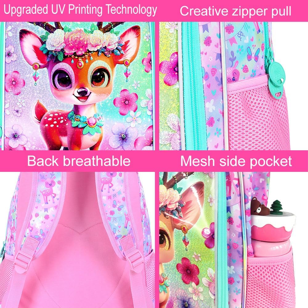 KLFVB 3PCS Deer Bookbag for Girls, Water Resistant Kids Backpack with Lunch Box, 16
