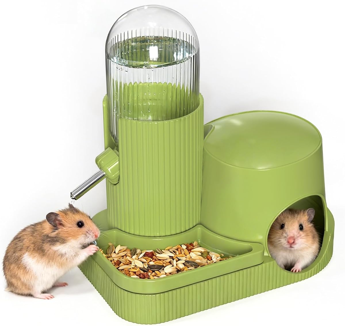 3 in 1 Hamster Water Bottle Dispenser with Food Bowl & Hideout Base (Green)