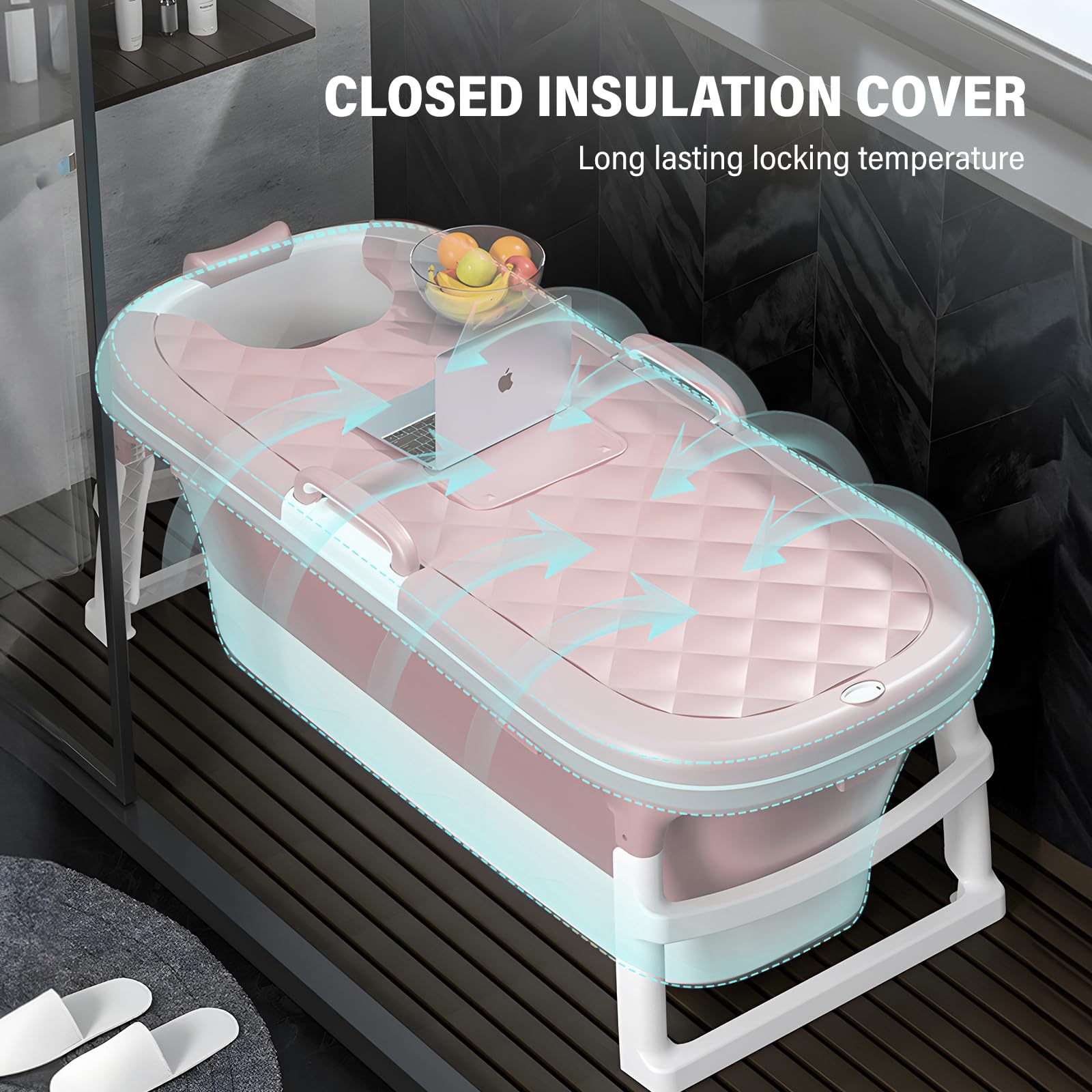 Warmiehomy Baignoire portable pour adulte, 138 x 62 x 52 cm, grande baignoire pliable, baignoire épaisse sur pied, baignoire de massage à la vapeur avec couvercle, baignoire de sauna à la maison pour