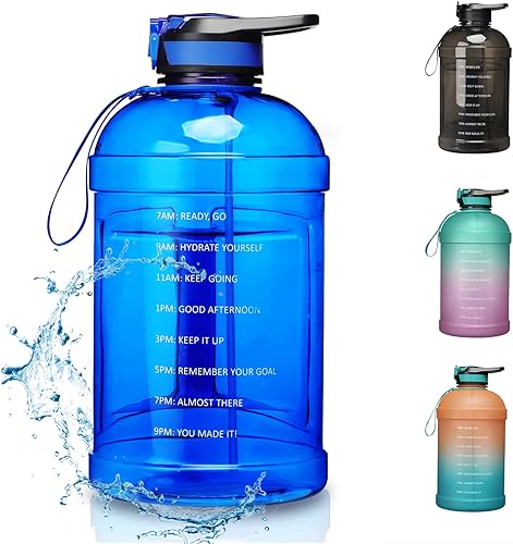 KEVENZ Botella de agua con marcador de tiempo, botella de agua de 1 galón con popote, jarra de agua a prueba de fugas, sin BPA, azul