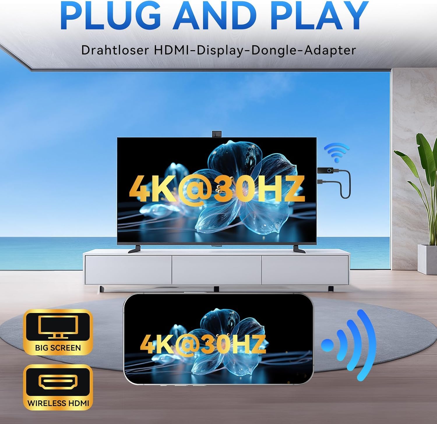 2026 Miracast HDMI Dongle Adapte 5G- 4K Wireless WI-FI Display Dongle für TV, Airplay Adapte Screen Mirror Video Audio from Smartphone Android IOS Pad Miracast DLNA Google Casting Monitor