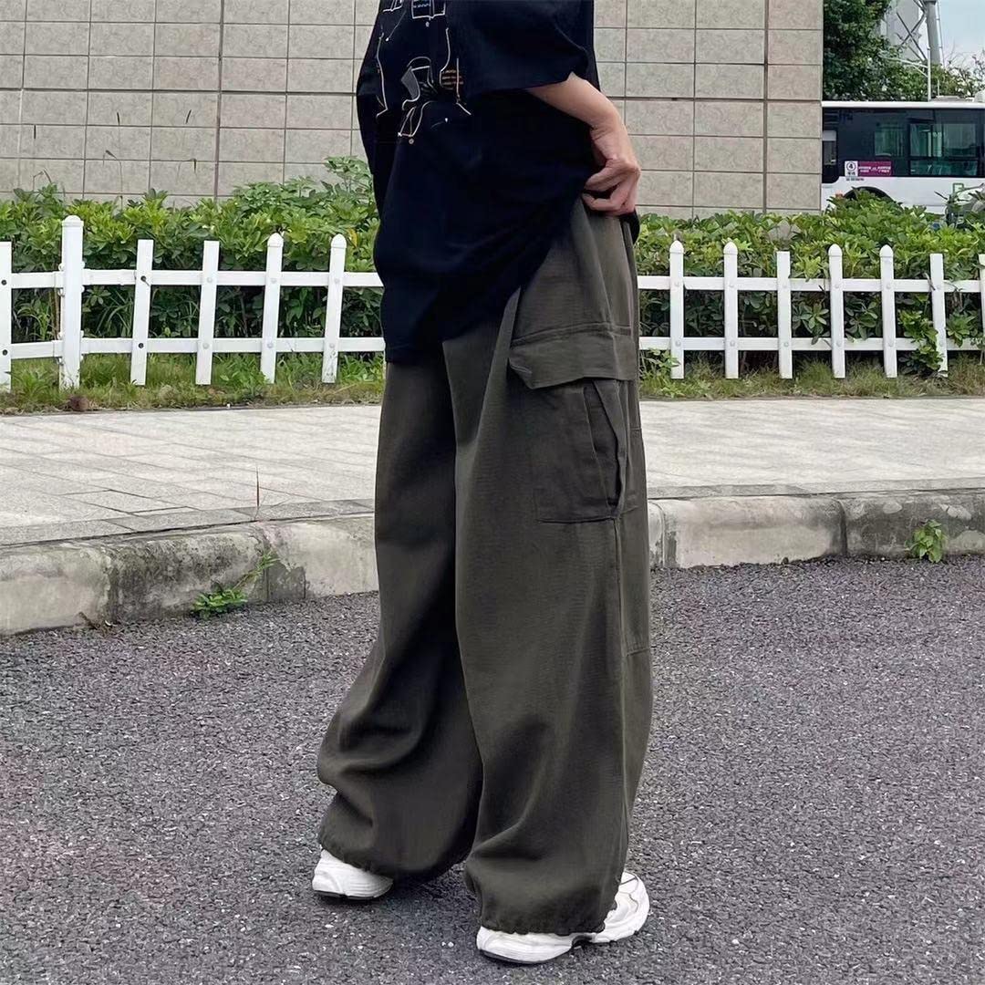 Pantalones de paracaídas tipo cargo para hombres y mujeres, holgados, Harajuku, de cintura baja, Y2K, pantalones Grunge, unisex, Verde, XX-Large