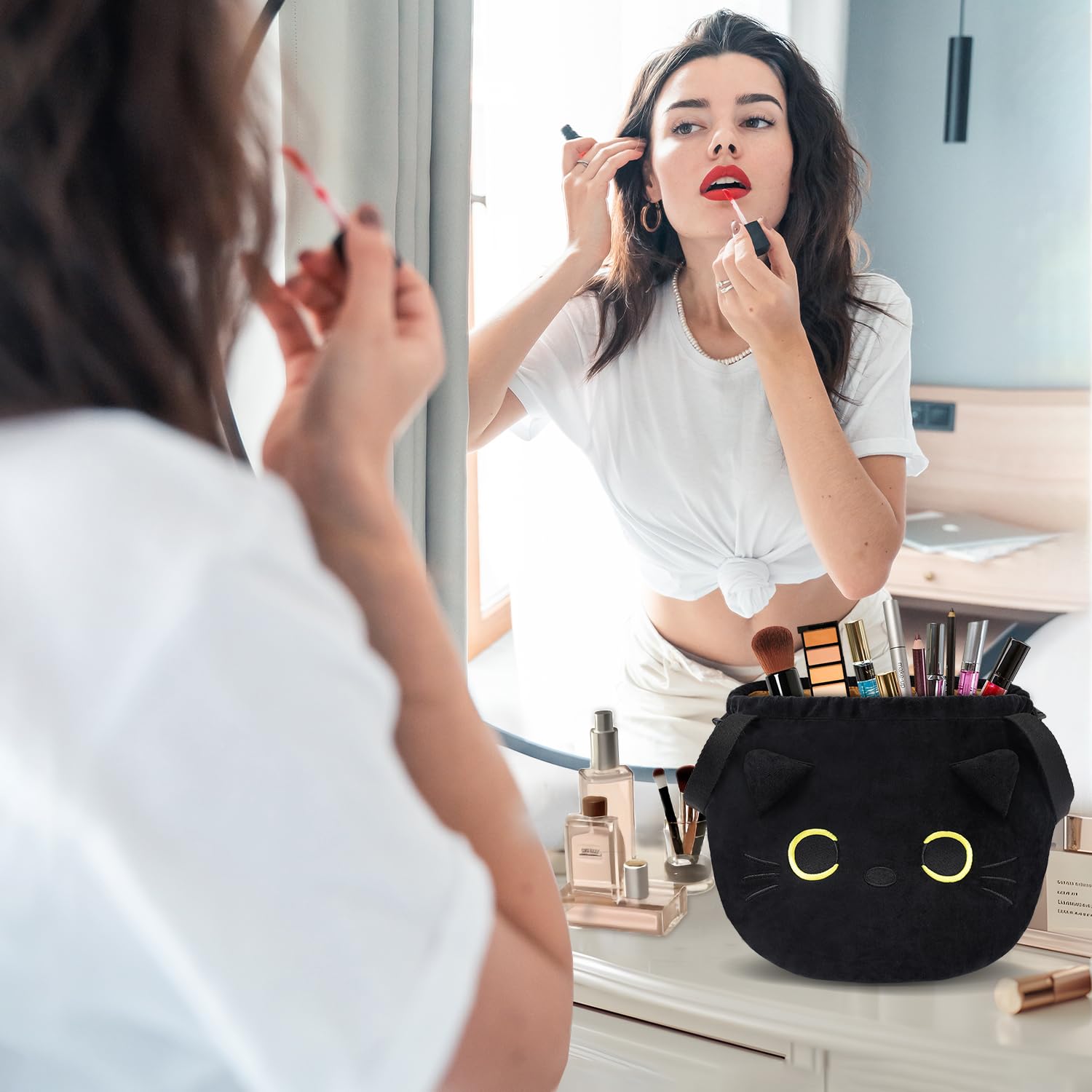 Porta Trucchi Donna Ragazza Bambina, Regali Divertenti Pochette Trousse Trucchi, Beauty Case da Viaggio, Gatto Gadget Utili Originali, Idee Regalo Compleanno Natale per Donna Mamma - Nero