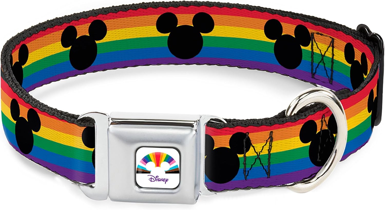 Disney Pet Collar, Dog Collar Metal Seatbelt Buckle, Mickey Mouse Ears Icon Rainbow Pride Flag, 15 to 24 Inches 1.0 Inch Wide