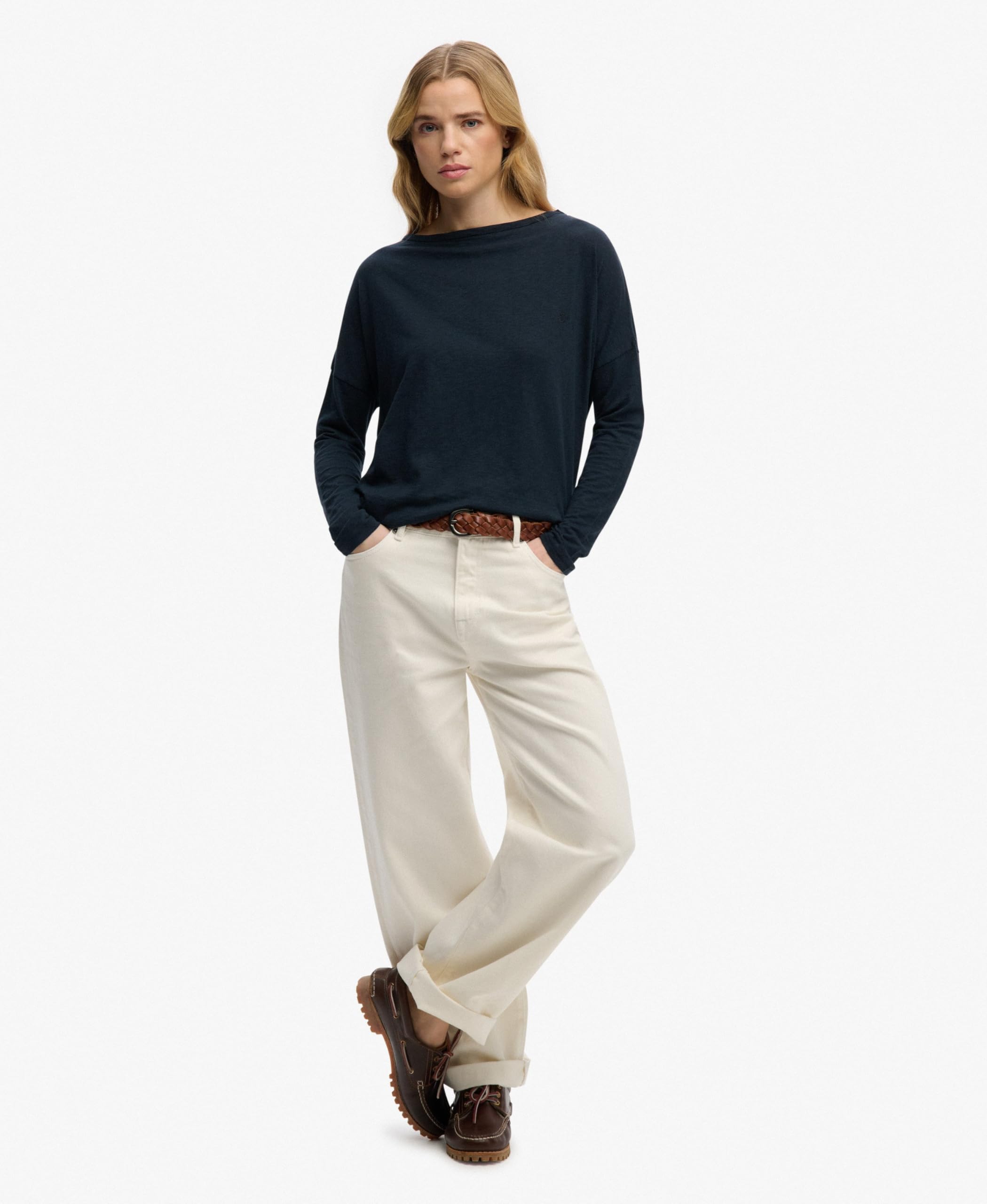 Superdry Damen Studios Bootsausschnitt Langarmshirt mit Slub-Textur