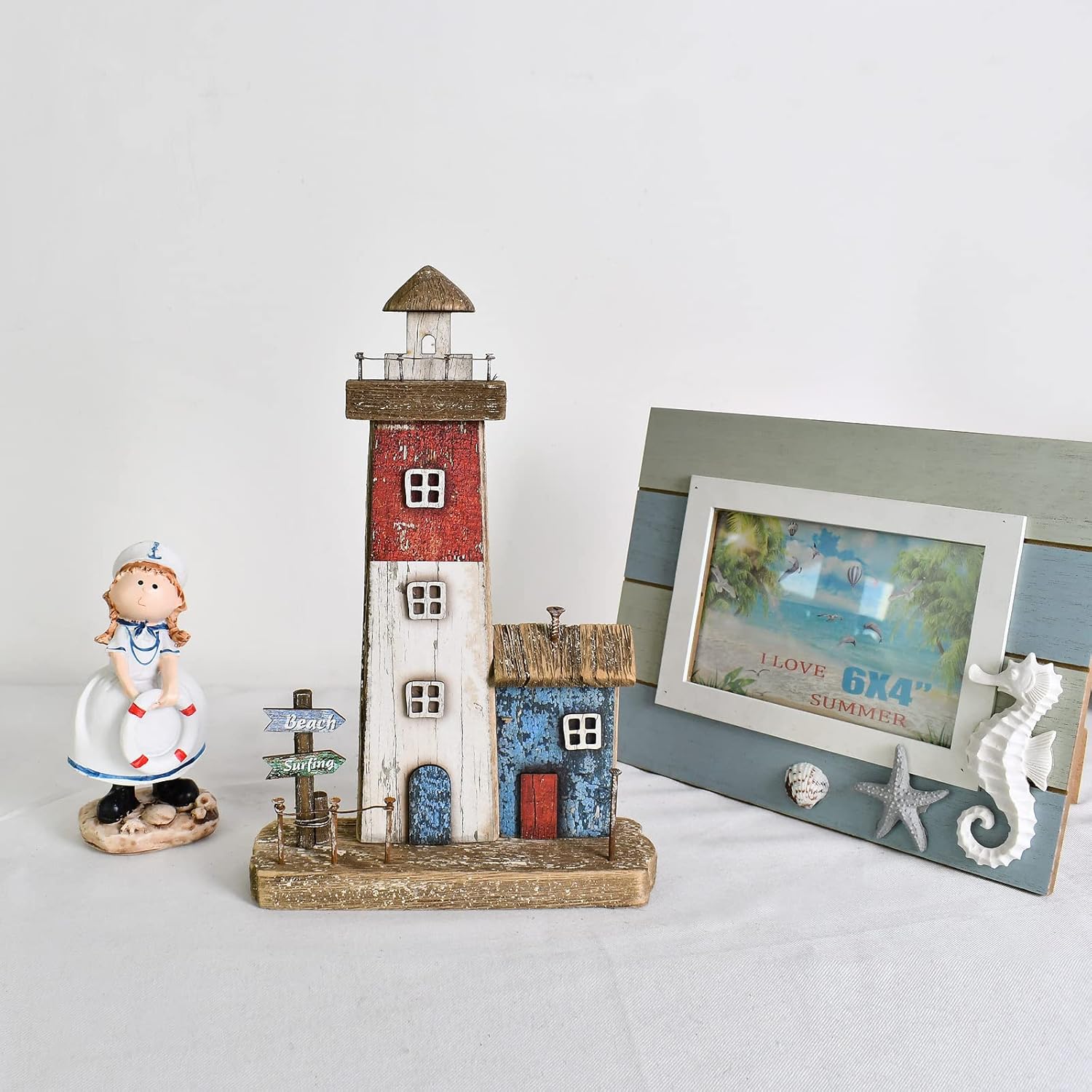 Wood Lighthouse Nautical Decor Beach Themed Lighthouse Sign Wooden Tabletop Coastal Decoration Rustic Mediterranean Decor for Home (Lighthouse)