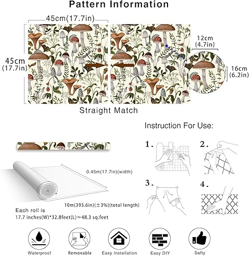Miniatura 7 de HAOKHOME 93279-2 - Papel tapiz bohemio para despegar y pegar, diseño de bosque de hongos, papel de contacto extraíble para cocina, baño, color