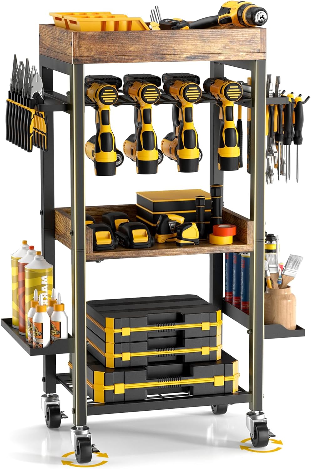 Power Tool Cart, Heavy Duty Garage Shelving with Wheels, Garage Organization on Wheels Tool Cart with Drill Set Rack Shelf, Mechanic Utility Cart for Workbench & Outdoors Working, Gift for Men Dad
