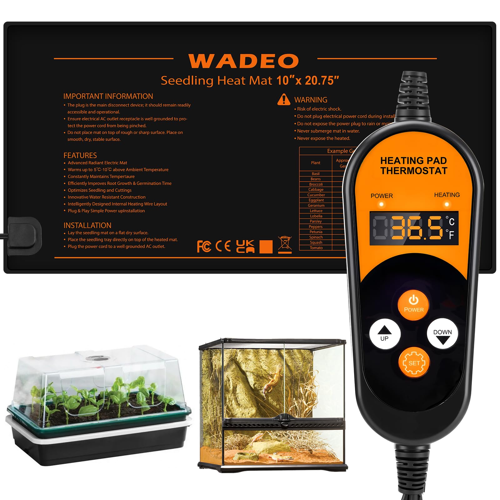 WADEO Esterilla calefactora 53 x 25 cm, 50 W Esterilla calefactora para plántulas con función de calefacción automática y Temporizador, Potencia de calefacción sostenible, para germinación, Reptiles