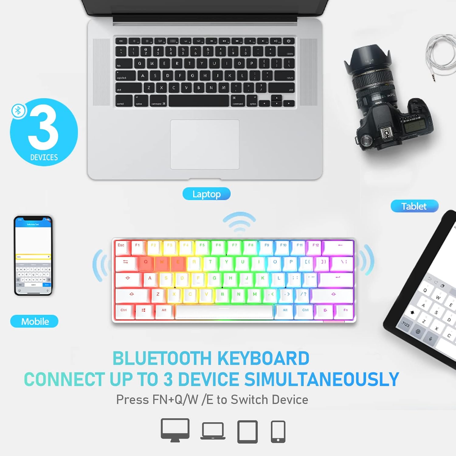 Mini Wireless 60% Dual Mode BT5.0/USB-C Wired Mechanical Gaming Keyboard with Pudding Keycaps Rainbow Backlit Ergonomic Rechargeable Anti-ghosting 61Key for PC Typist Mac Gamer(White PBT/Brown Switch)