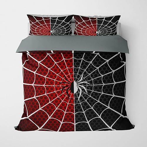 Juego de funda de edredón de superhéroe, tamaño King, juego de ropa de cama de tela de araña roja y negra, 3 piezas, funda de edredón de microfibra