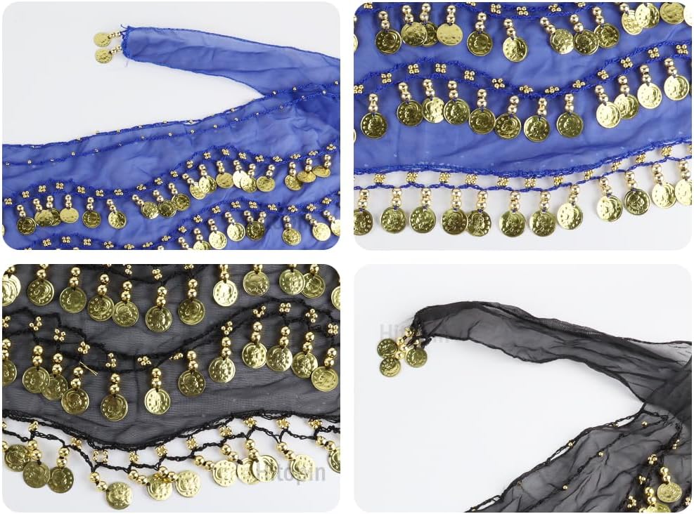 2-Piece Belly Dance Hip Scarves with 128 Gold Coins, Belly Dance Skirt, Women's (Black, Blue) - Image 4