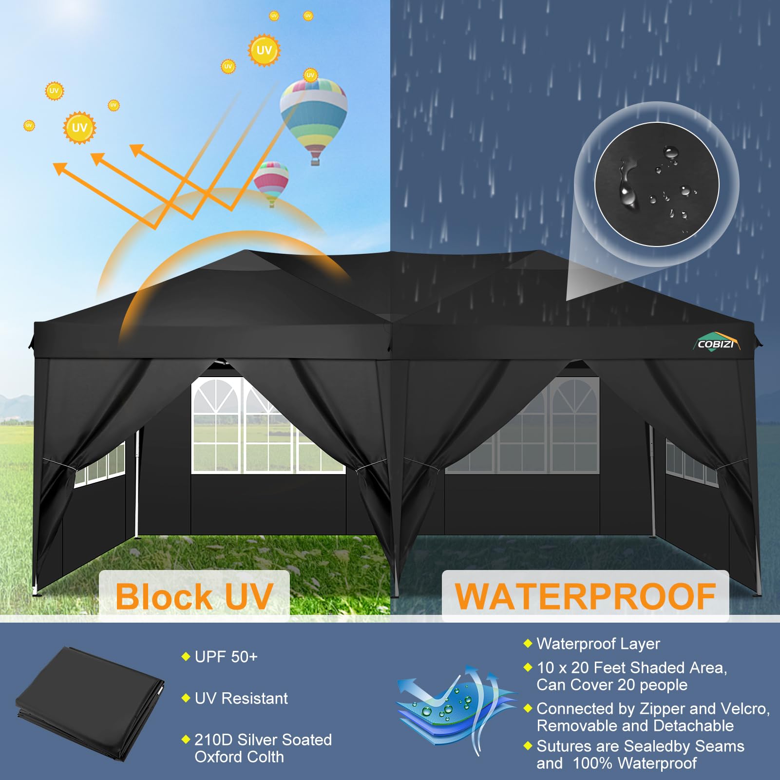 Cobizi Pop-Up-Pavillon mit Seiten, 3 m x 4,5 m, robuster Pavillon mit Seitenwand, UPF 50+, wasserdicht, Winddicht, Party-Event, Unterschlupf, Festzelt, Outdoor-Gartenpavillon, Zelt mit Tragetasche