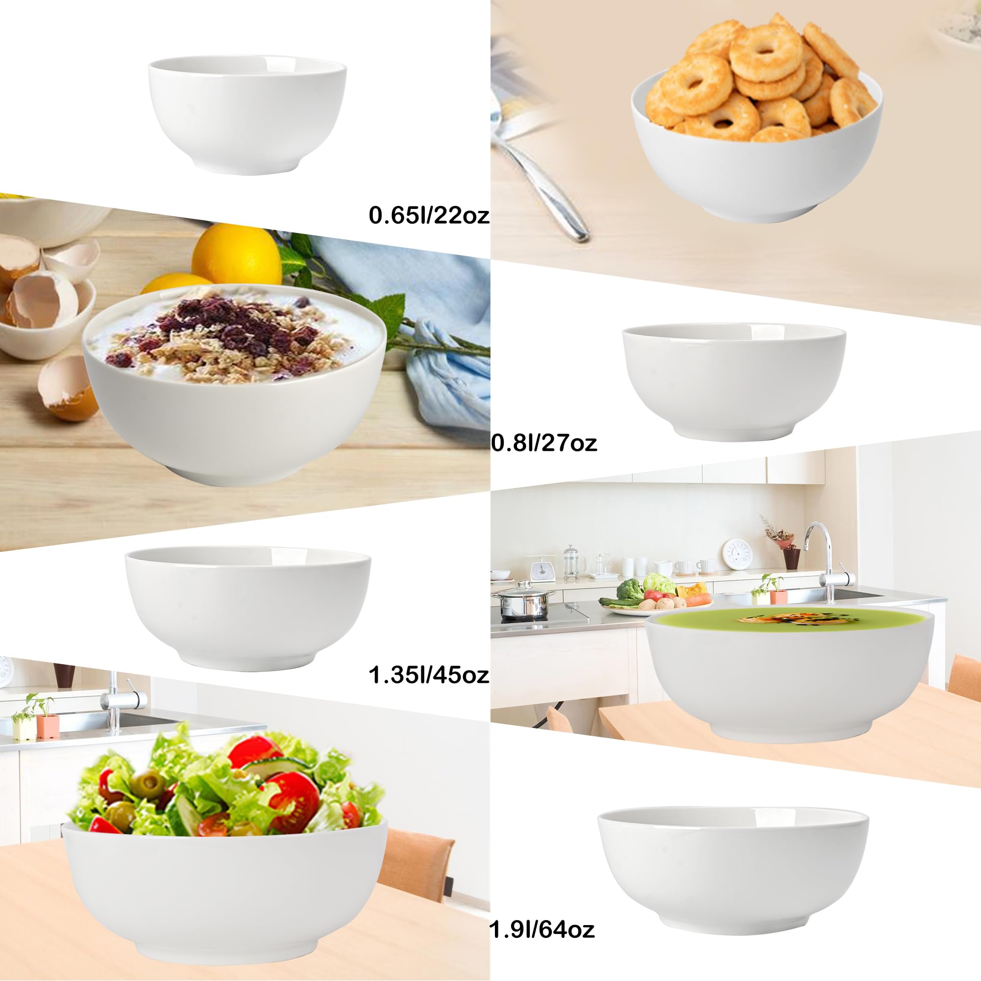 Cuenco para cereales, cuenco para sopa de 800 ml, juego de 6 cuencos y cuencos ligeros para cereales, sopa, ensalada, fideos, arroz, apto para microondas & lavavajillas, blanco Φ15 cm