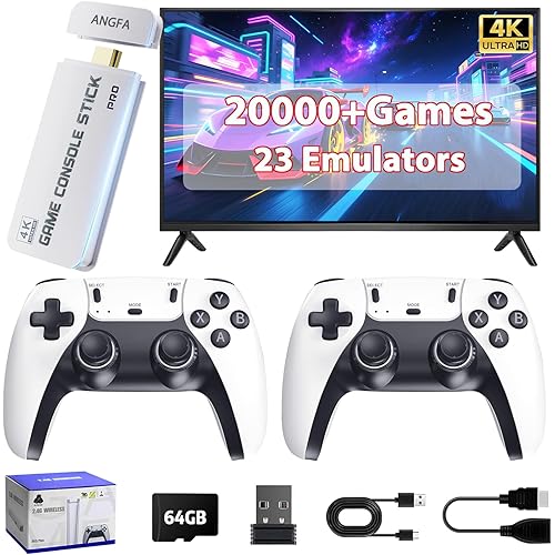 Wireless Retro Game Console Built-in 20000+ Games and 23 Emulators, 2026 New Plug & Play Retro Gaming Console with 4K Output & Dual 2.4G Controllers, Games Nostalgic Stick for Christmas Gift (64GB)