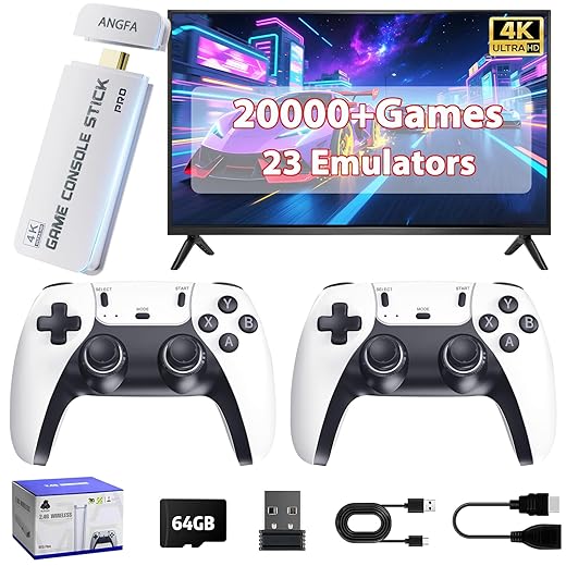 Wireless Retro Game Console Built-in 20000+ Games and 23 Emulators, 2025 New Plug & Play Retro Gaming Console with 4K Output & Dual 2.4G Controllers, Games Nostalgic Stick (64GB)