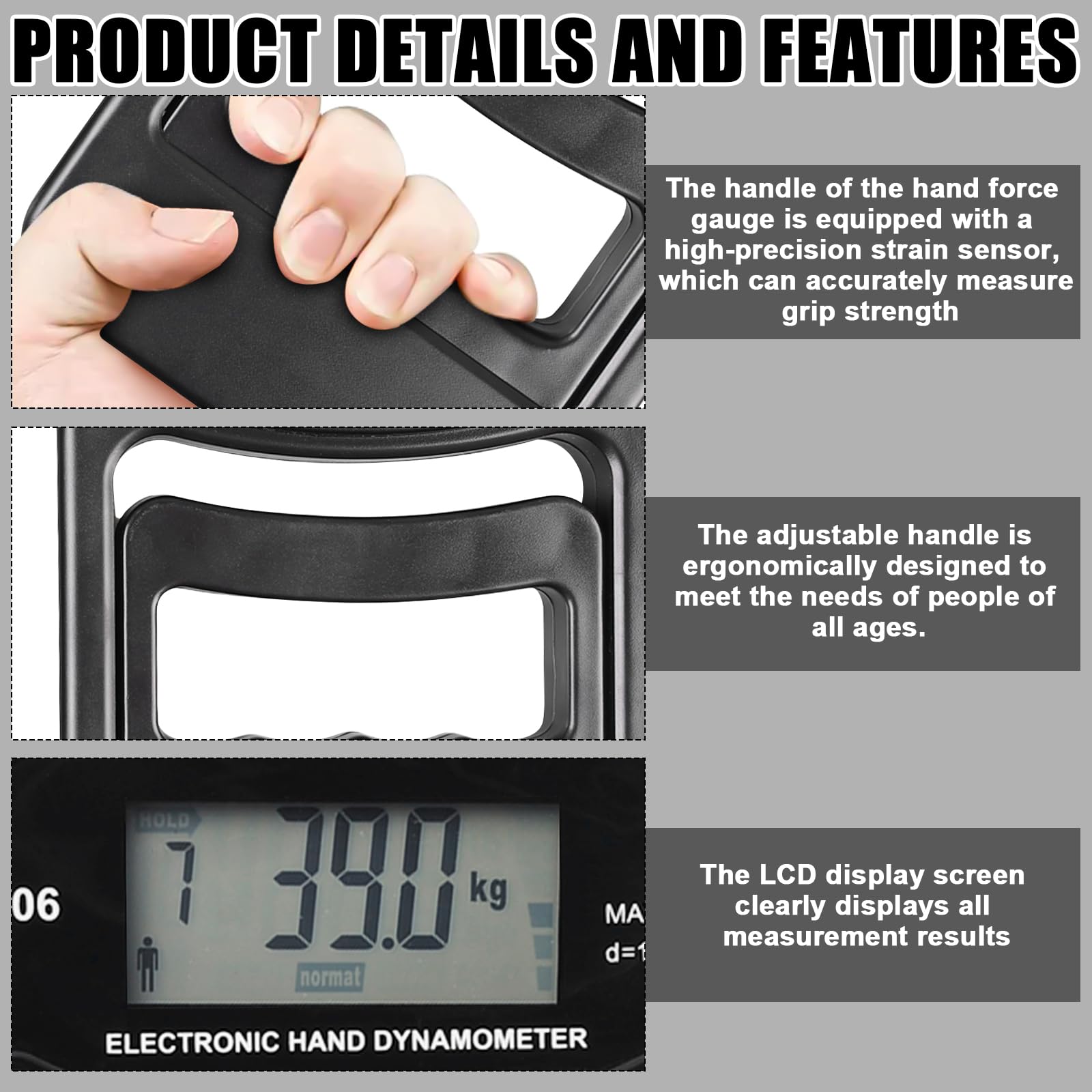 Dynamomètre manuel numérique : appareil de mesure de la force de préhension électronique, 180 kg, écran LED, entraînement de force avec câble de charge USB, intelligent et sensible