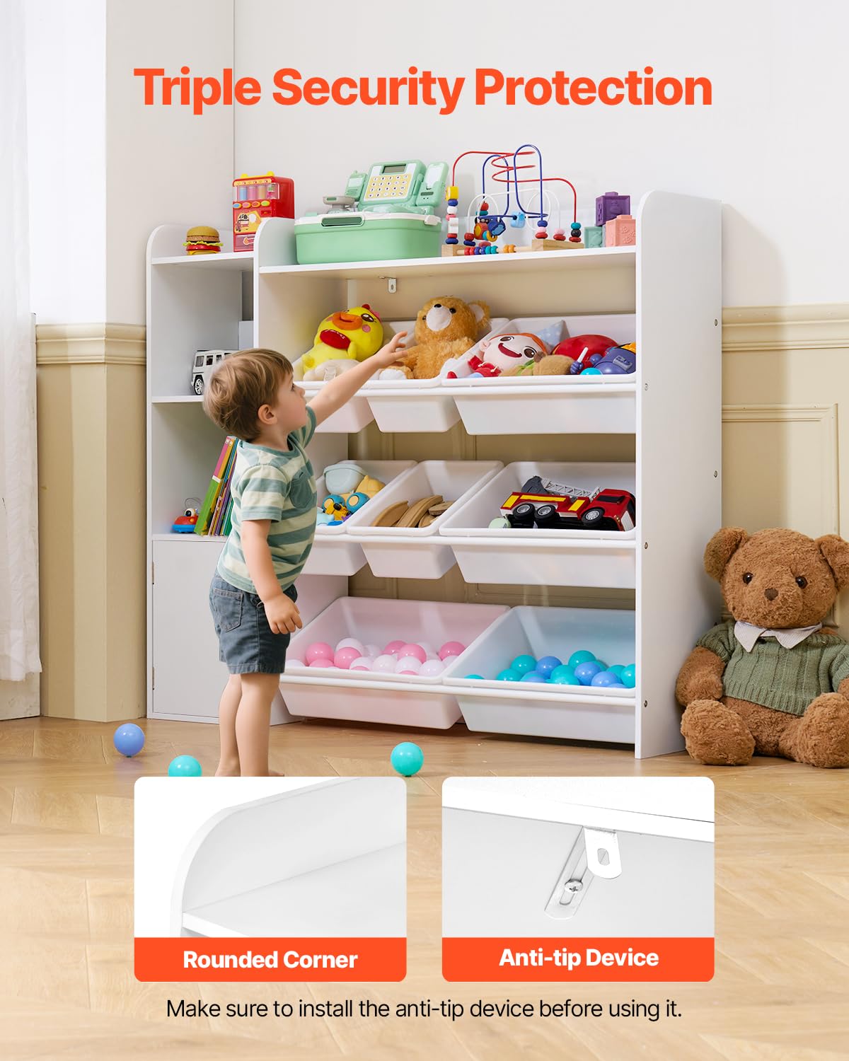 VEVOR Meuble de Rangement Jouets Enfant à 4 Niveaux avec bibliothèque, étagère d'organisateur de Jouets avec 8 bacs en Plastique Flexibles, pour Salle d'étude, Chambre, Salle de Jeux, crèche, Blanc