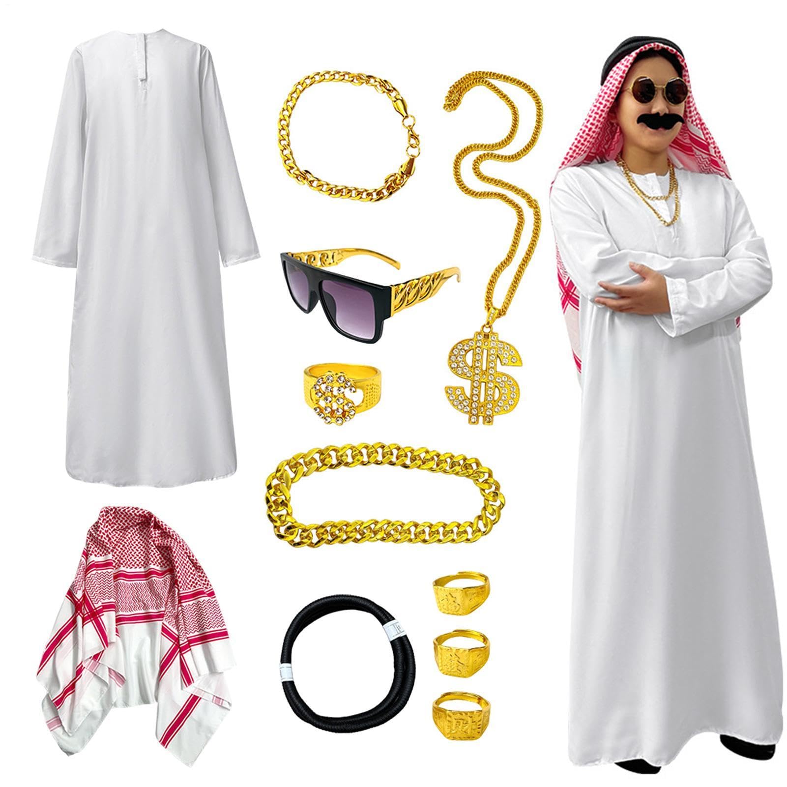 Disfraz árabe tradicional hombre adulto Gafas Collares Pulseras Pañuelo | Túnica de Jeque Árabe Adecuadas para , Carnaval, Disfraces y Eventos Temáticos