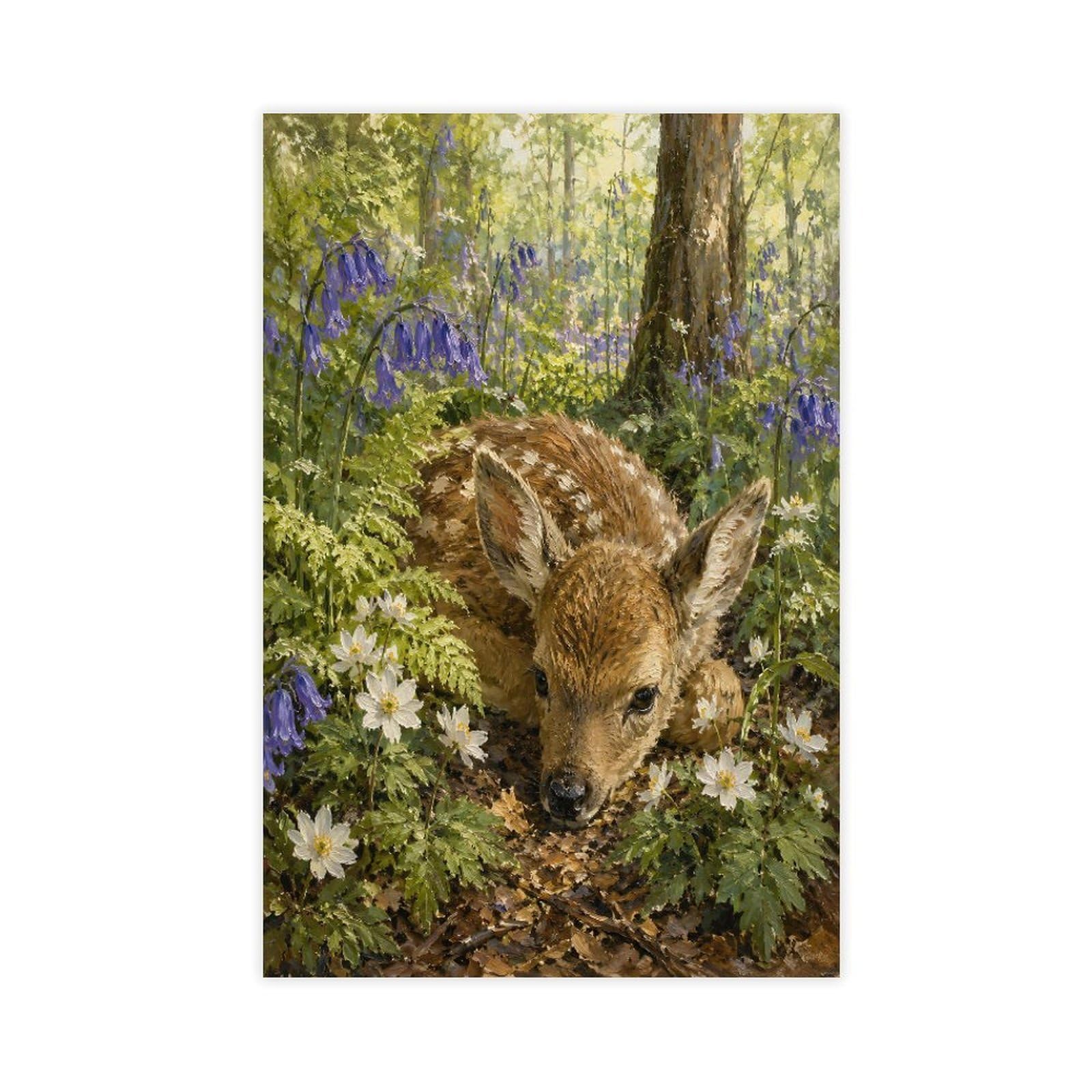 H3b8u2y5 Unframe-Style-14 Fawn In Bluebell Forest Canvas Wall Art, Woodland Wildlife