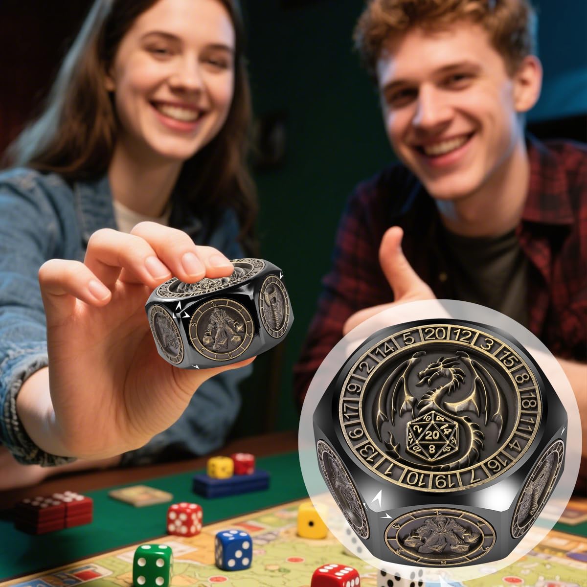 Set di Dadi Rotanti DND, 8 Facce Spinner Dadi in Metallo, Design a Rilievo 3D, Dadi Poliedrici Girevoli, Regalo D&D con Scatola Logo Drago, MTG, Giochi da Tavolo, Accessori per Giochi di Ruolo, Nero