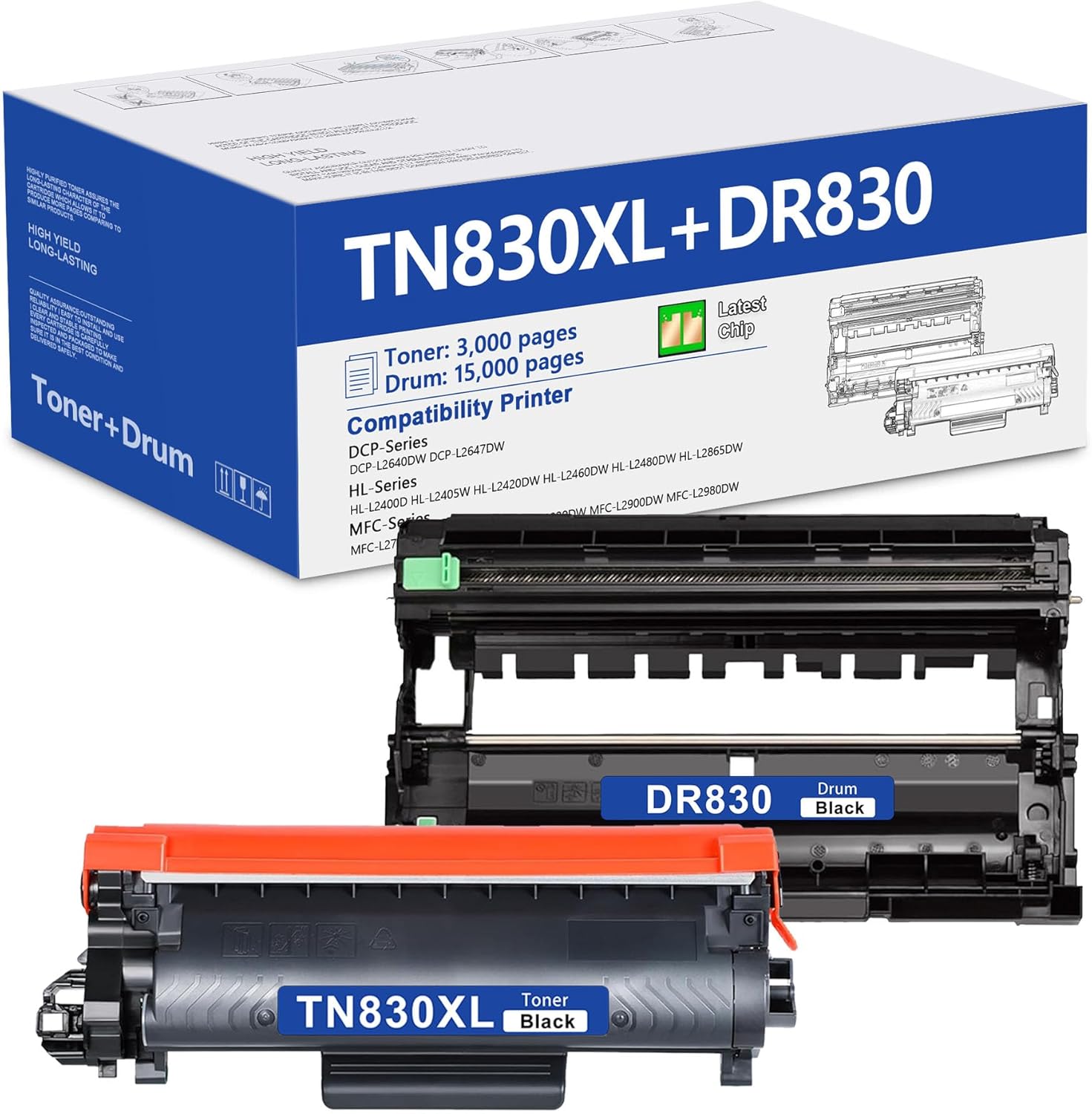 TN830XL Toner Cartridge & DR830 Drum Unit Replacement for Brother TN830 TN-830XL DR-830 to use with DCP-L2640DW HL-L2400D HL-L2405W HL-L2480DW HL-L2460DW MFC-L2820DW Printer (1 Toner +1 Drum, 2 Pack)