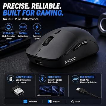 AJAZZ NJ07 Wireless Gaming Mouse, 67g Ultra-Lightweight, Tri-Mode 2.4G/Bluetooth/USB-C, 12800 DPI Optical Sensor, 1000Hz Polling Rate for PC, Mac, Laptop